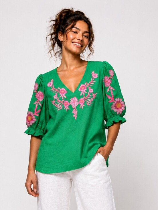 Umgee Tops - Umgee Bright Green Top with Floral Trim